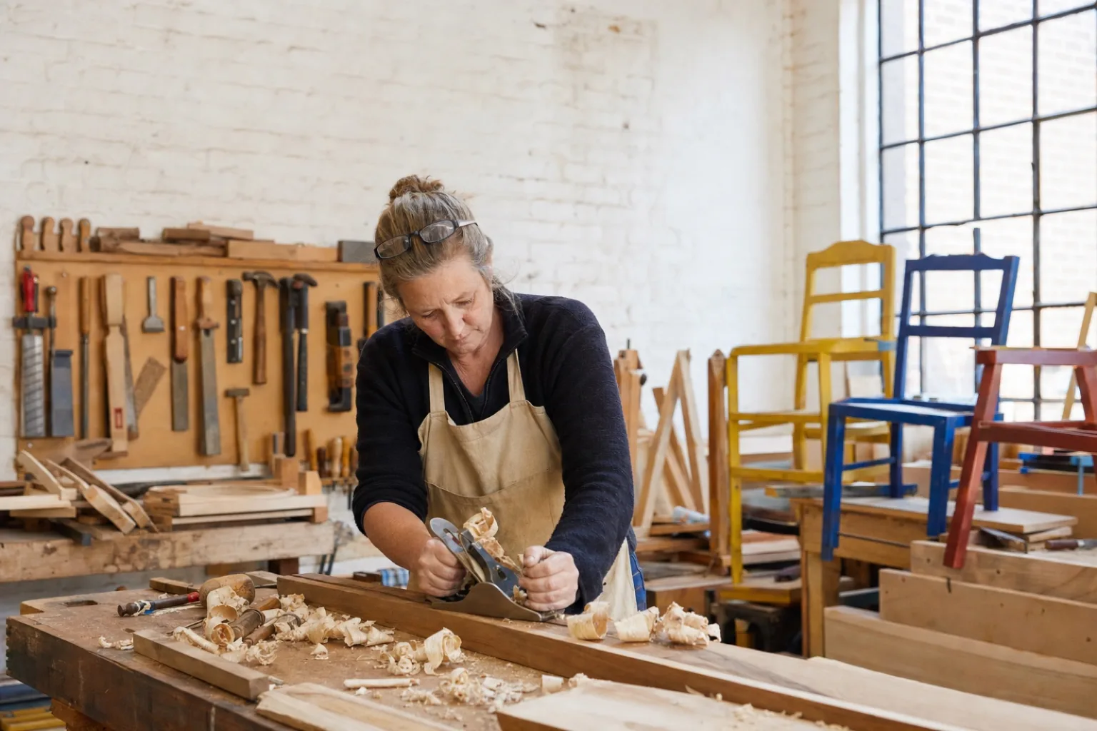 A joiner planes a board at her bench in a bright workshop, tools racked on the wall and painted chairs by the window.