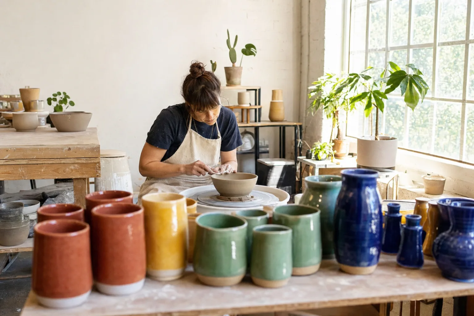A bright ceramics studio: a potter at the wheel by a tall window, a table of terracotta, mustard, green and cobalt pots in front.