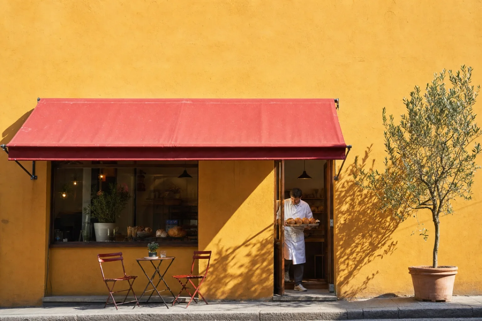 A cafe's red awning on a sunlit ochre wall, a baker in white at the open door, two folding chairs outside and an olive tree in a pot.